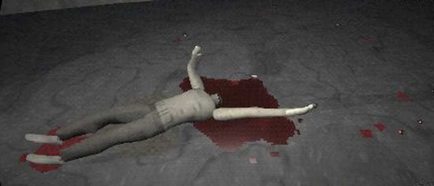 A headless body lying in a pool of blood on a concrete floor