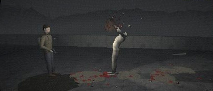 A creature's head bursting in a spray of red after a close shotgun blast