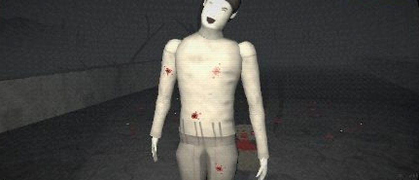 A pale creature standing with several small red bullet wounds on its chest and leg
