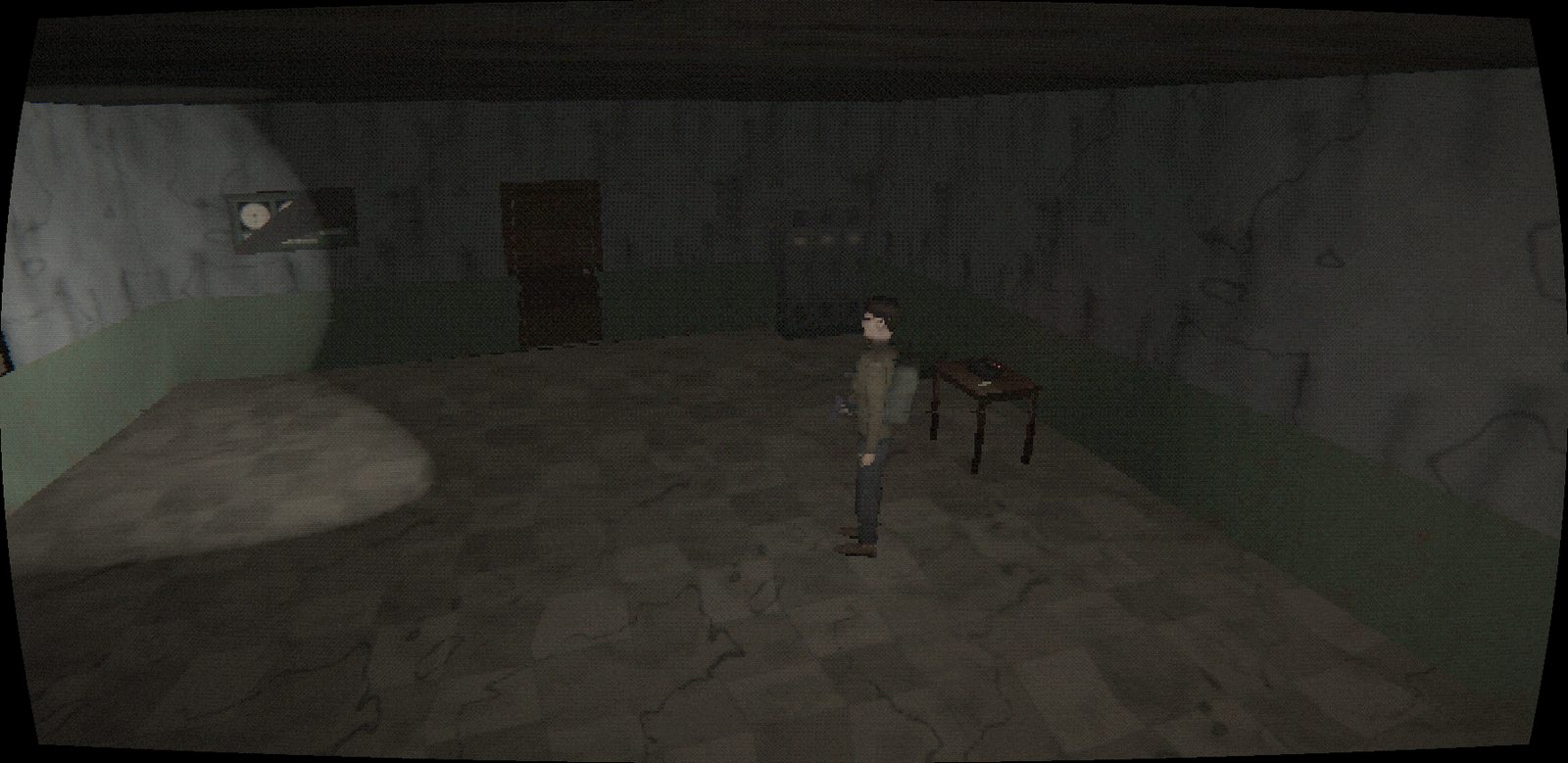 A green-walled control room with old panels, Elias standing in a pool of torchlight