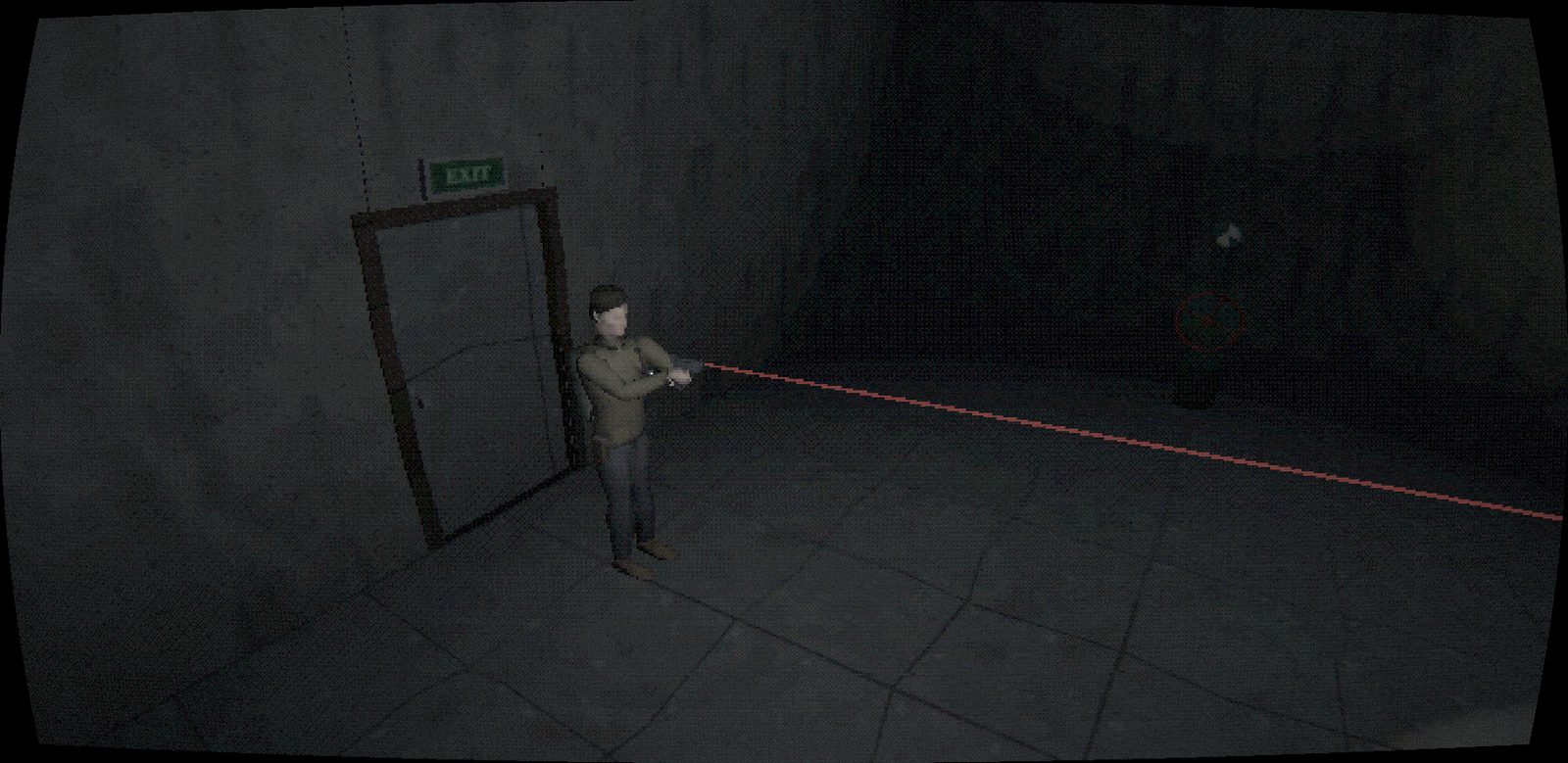 From a high corner camera, Elias aims into the dark with a thin red laser line