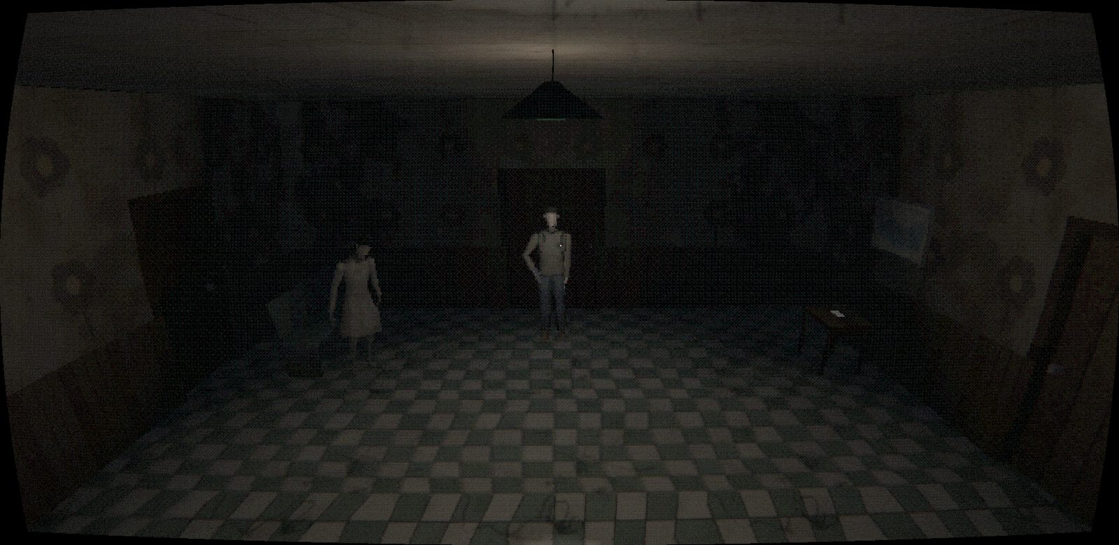 A dim apartment lobby with a checkered floor, two figures standing under a hanging lamp