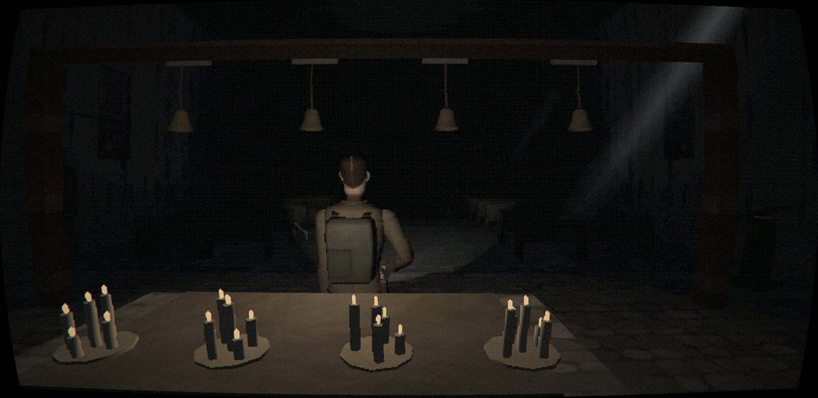 A dark chapel nave, black candles burning on an altar in the foreground