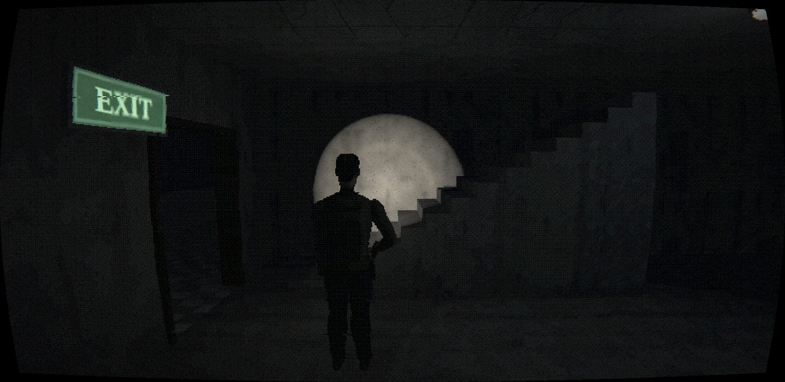 A dark stairwell lit only by a flashlight circle, a green EXIT sign on the wall