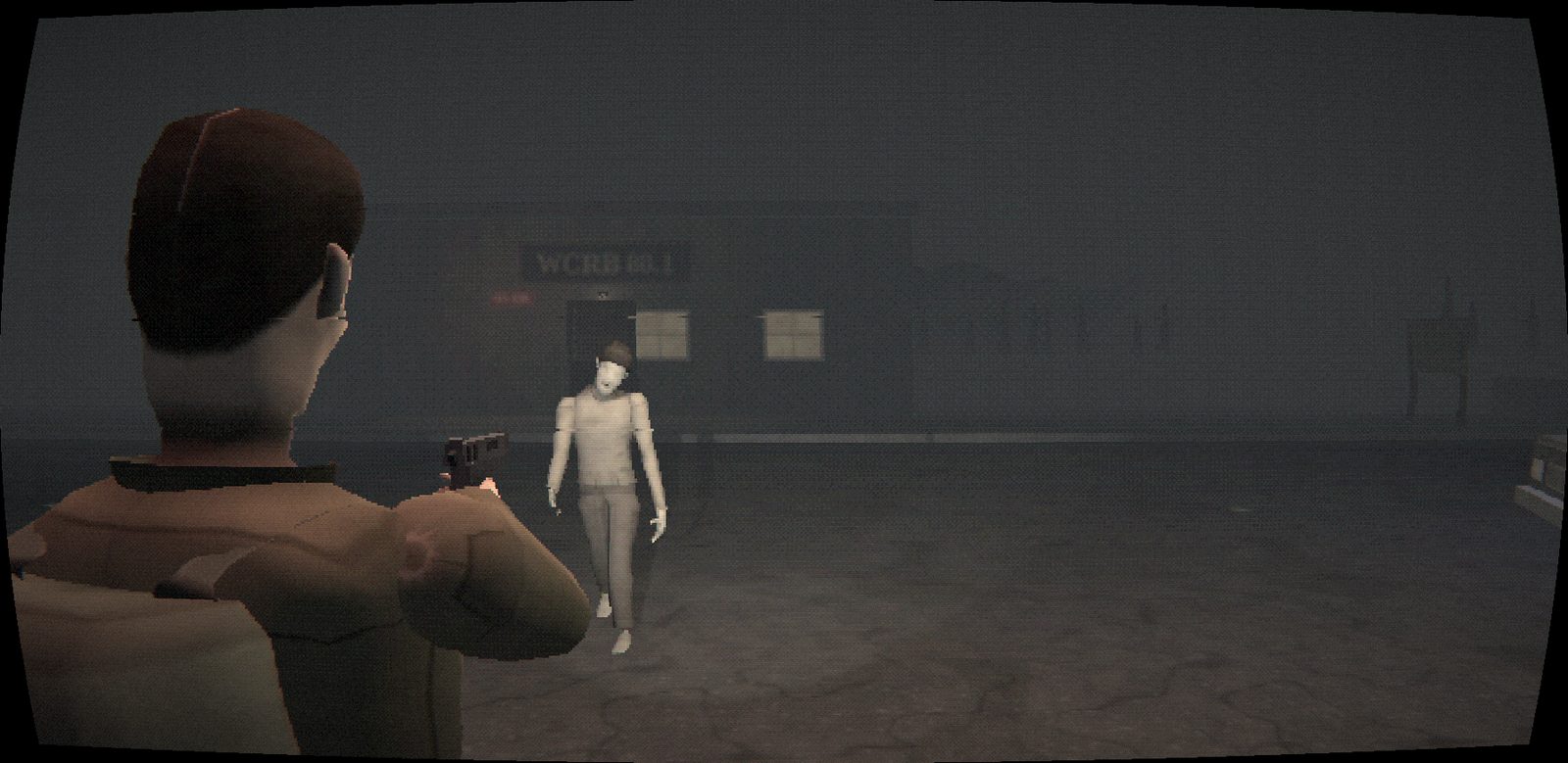 Over the shoulder, aiming at a pale figure walking out of the fog in an empty street