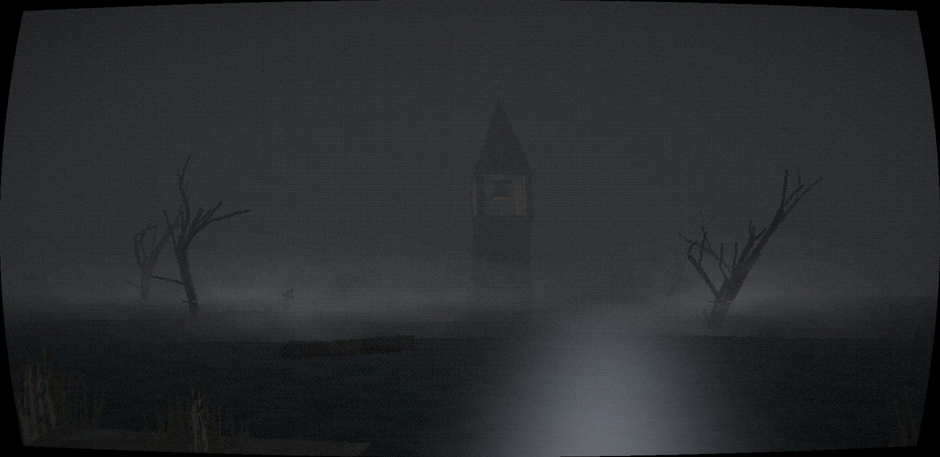 The steeple of a drowned chapel rising out of a fog-covered reservoir at night, dead trees on either side