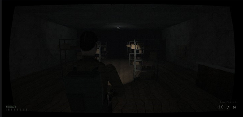 A dark hardware store seen over Elias's shoulder, metal shelves faintly lit by a ceiling tube