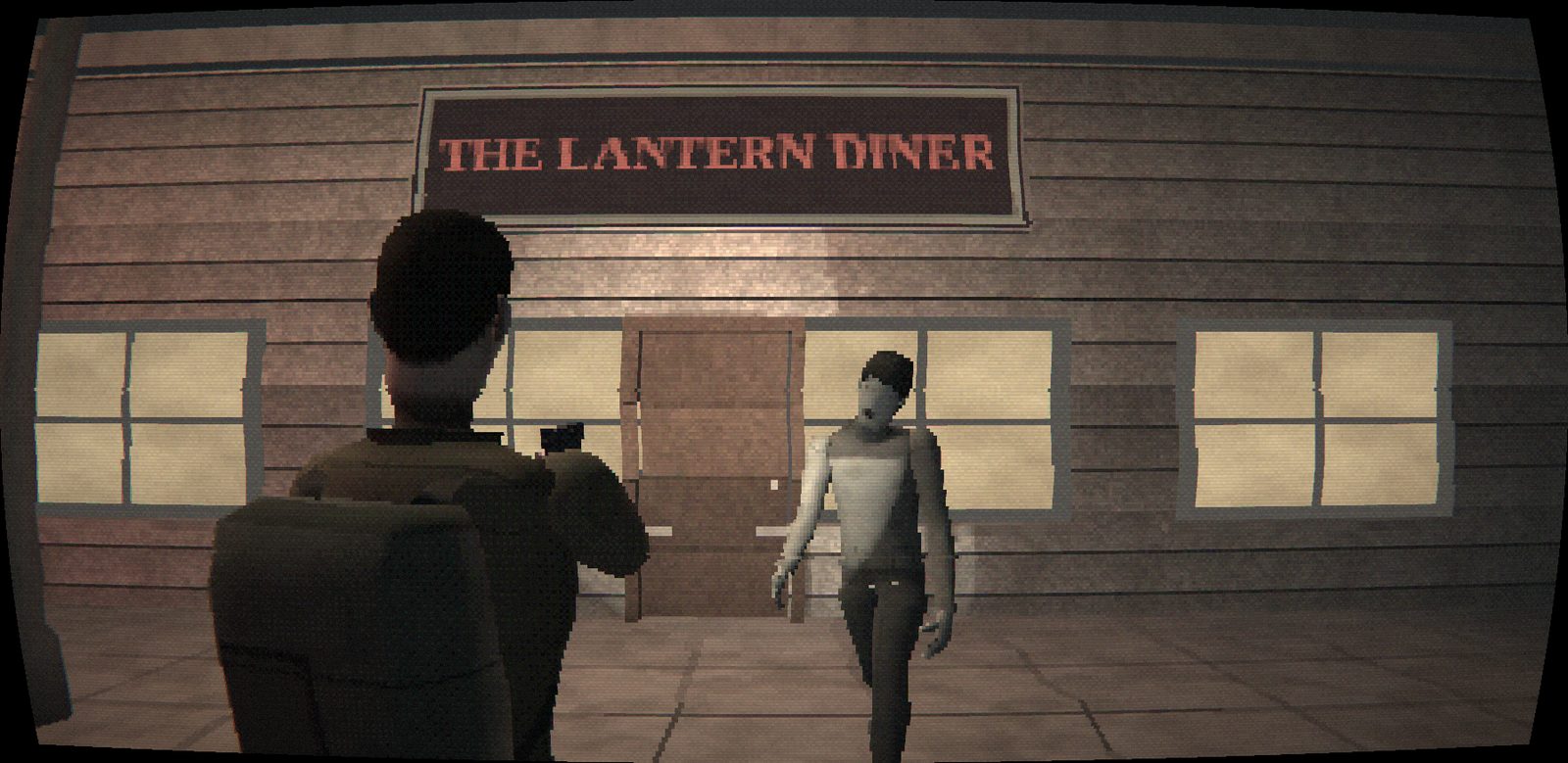 The Lantern Diner at night with Elias aiming at a Hollowed, in the selected look