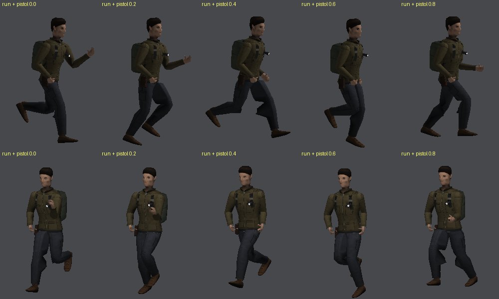 Ten frames of Elias jogging with a pistol, from the side and the front, drawn by the pipeline's preview tool