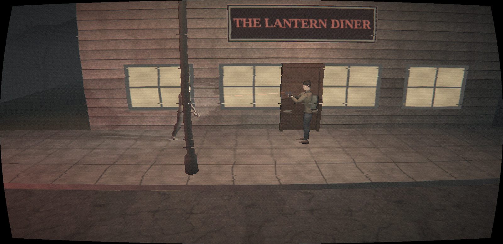 A high fixed camera across the street from The Lantern Diner. Elias aims from the door at a Hollowed on the boardwalk, a faint red laser between them.