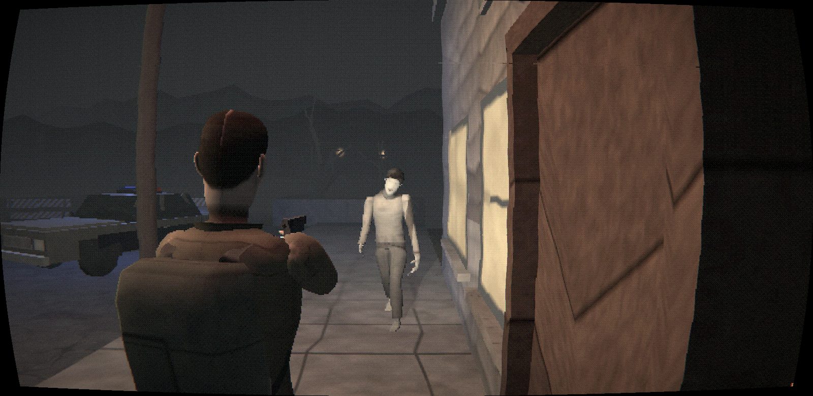 Over Elias’s shoulder, aiming his pistol down the lit diner boardwalk at an approaching Hollowed
