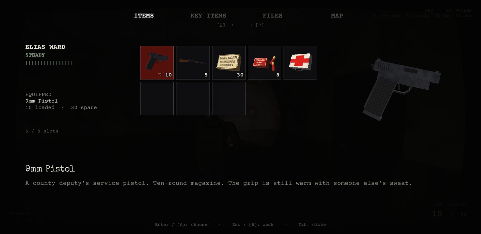 The inventory screen with a pistol, shotgun, ammunition and a first aid kit, and a 3D pistol model